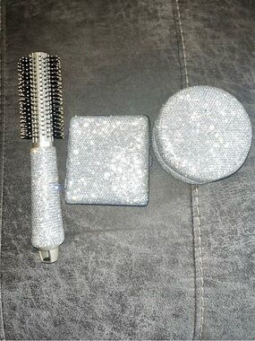Silver Gem Round Jewelry Box, Square Compact & Round Brush Set